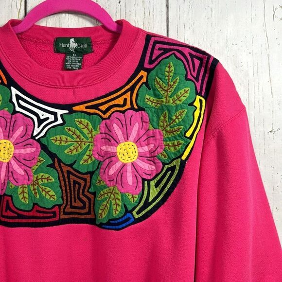Hunt Club Vintage Embroidered Hot Pink Long Sleeve Crewneck Pullover Sweater - Picture 4 of 13